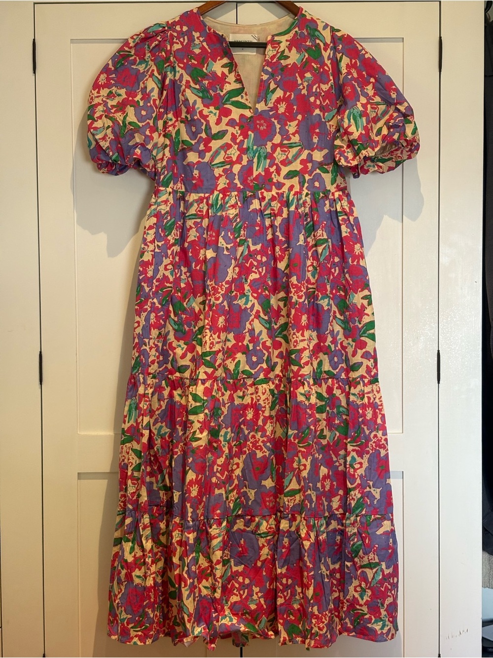 Vibrant Floral Puff-Sleeve Maxi Dress in Pink & Purple